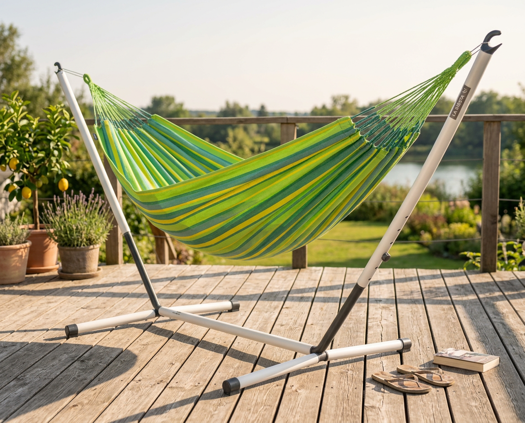 LA SIESTA Brisa Lime double hammock on a Nautico Cool Grey stand on a lakeside deck