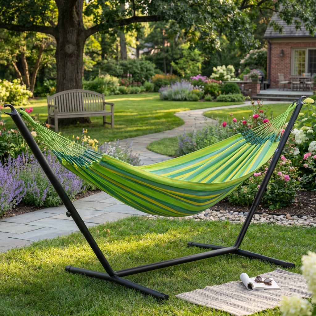 LA SIESTA Brisa Lime single hammock on a black steel stand in a garden (stand sold separately)