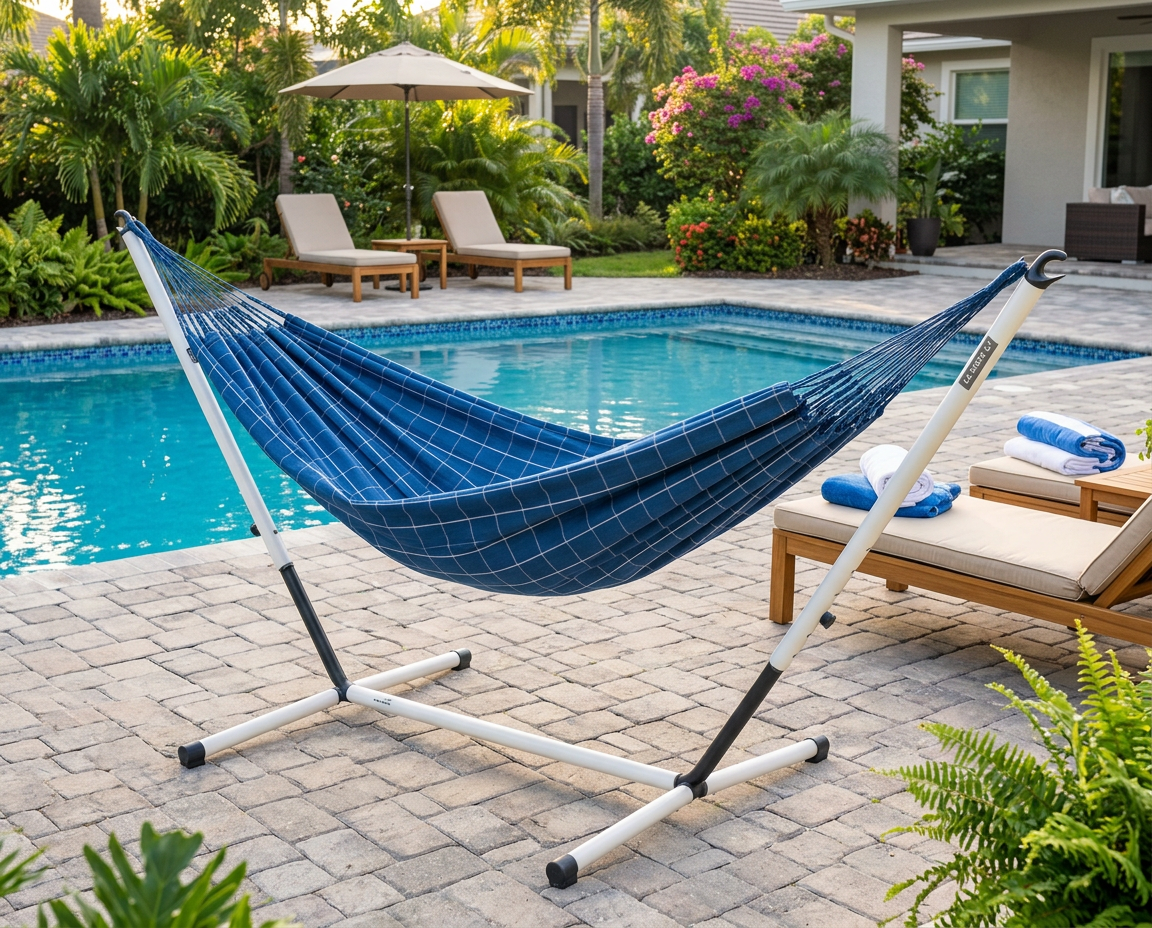LA SIESTA Brisa Marine kingsize hammock on a Nautico Cool Grey stand beside a pool