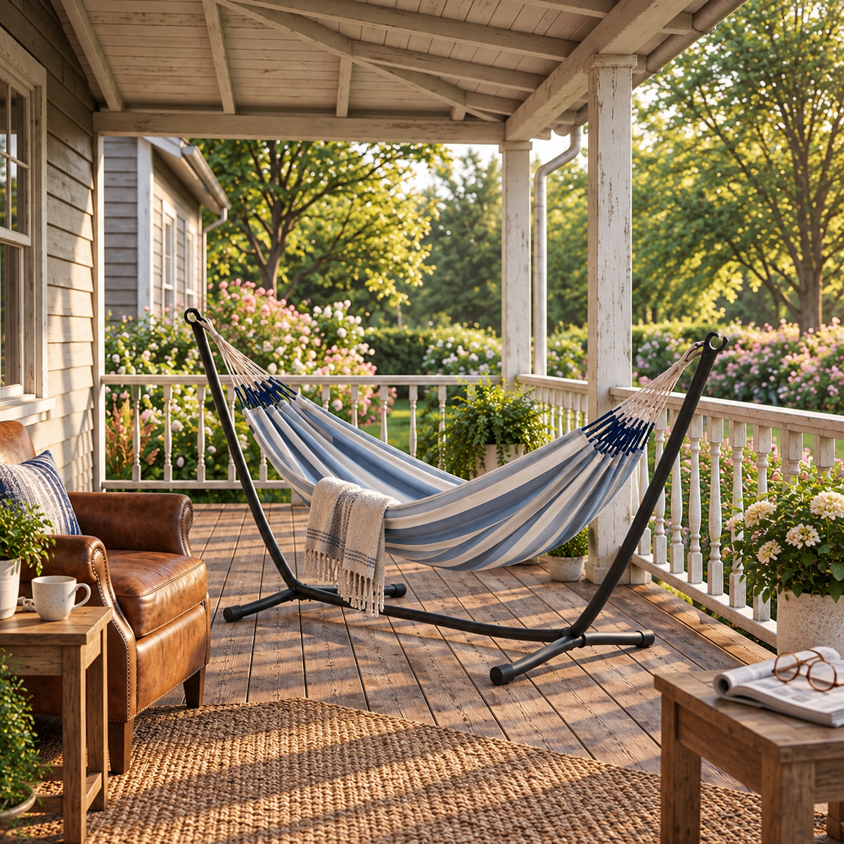 LA SIESTA Brisa Sea Salt double hammock on a black steel stand on a covered porch (stand sold separately)