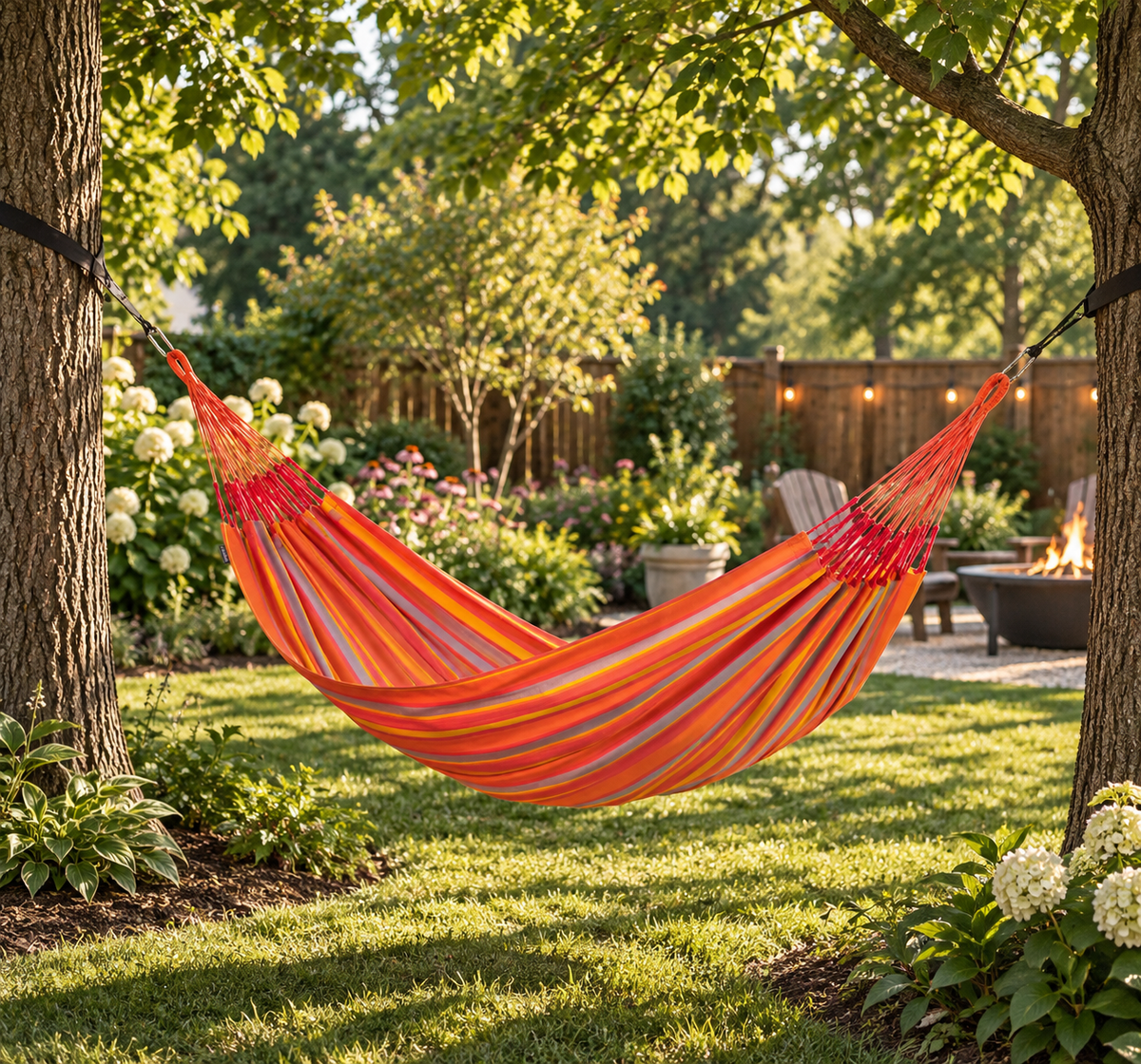 LA SIESTA Brisa Toucan kingsize hammock hung between two trees in a backyard garden