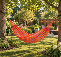 LA SIESTA Brisa Toucan kingsize hammock hung between two trees in a backyard garden