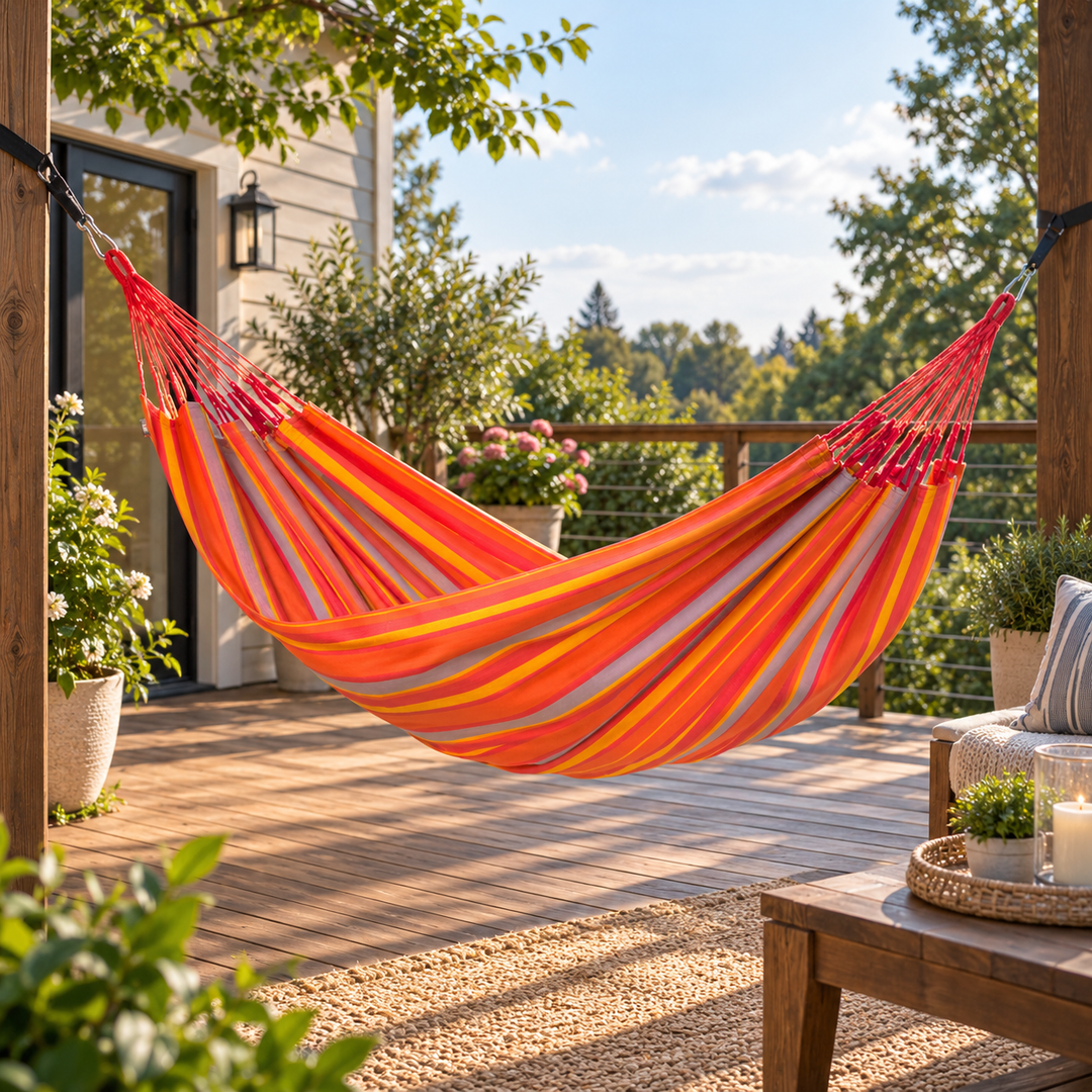 LA SIESTA Brisa Toucan single hammock hanging on a wooden deck beside a house