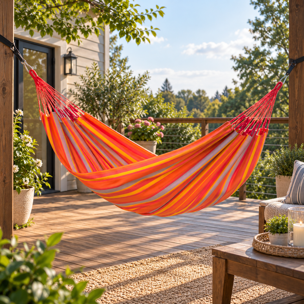 LA SIESTA Brisa Toucan single hammock hanging on a wooden deck beside a house