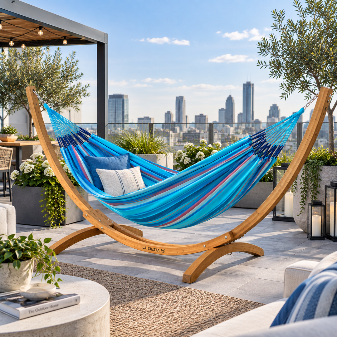 LA SIESTA Brisa Wave double hammock on a wooden arc stand on a city rooftop terrace (stand sold separately)