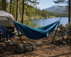 LA SIESTA Colibri 3.0 River travel hammock in teal hung between trees at a lakeside campsite