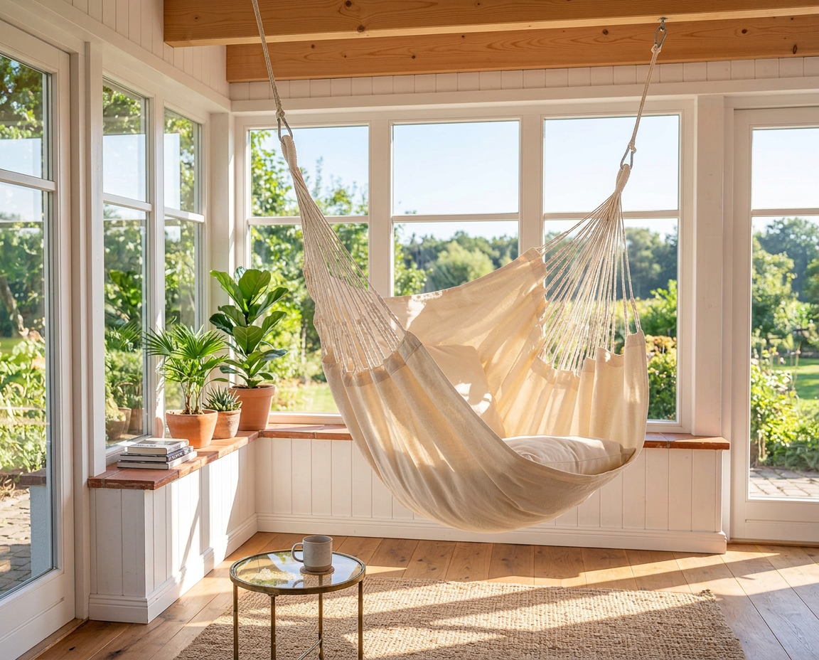LA SIESTA Cumbia Organic Latte king size hammock chair hanging in a bright sunroom