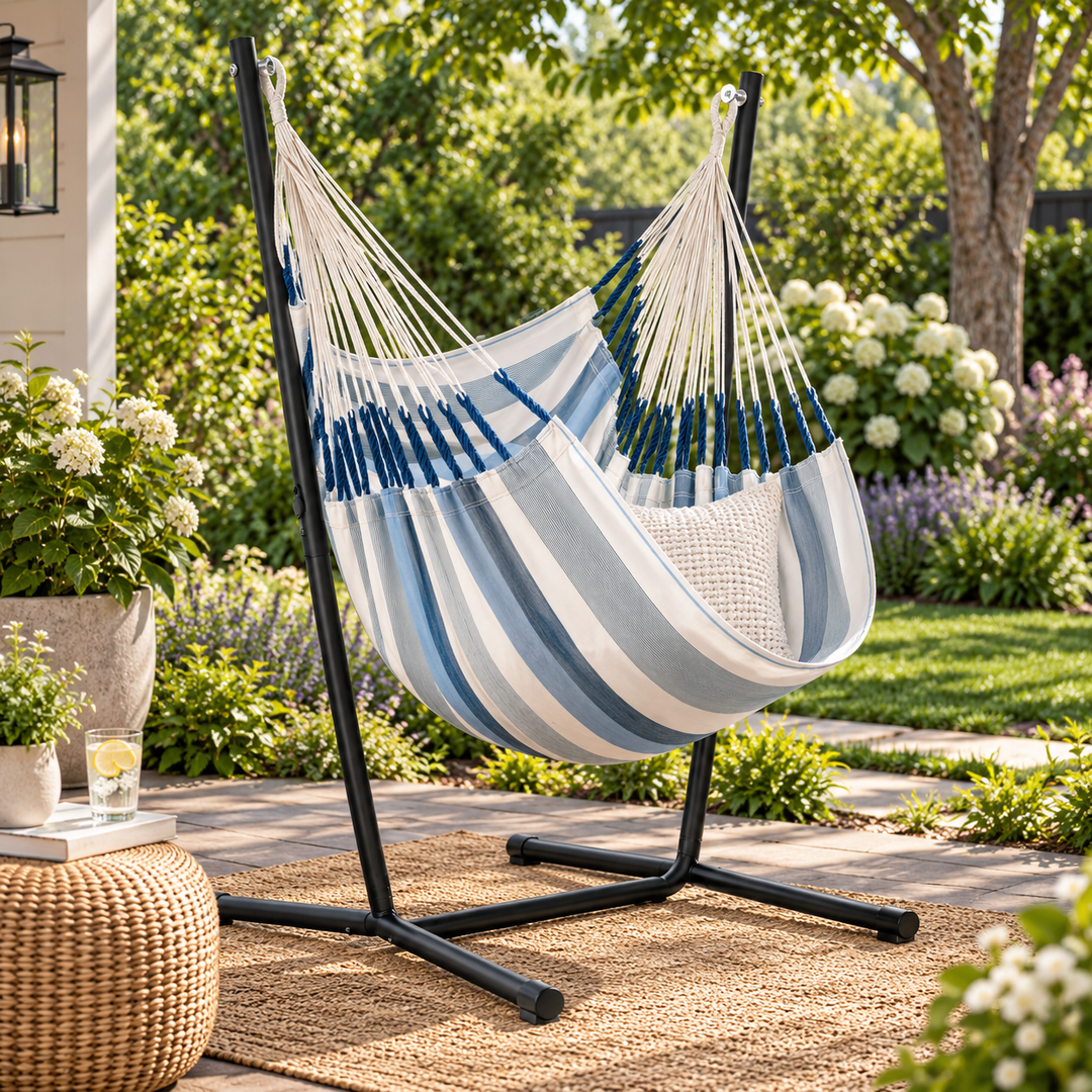 LA SIESTA Cumbia Outdoor Sea Salt king size hammock chair on a black stand in a garden (stand sold separately)