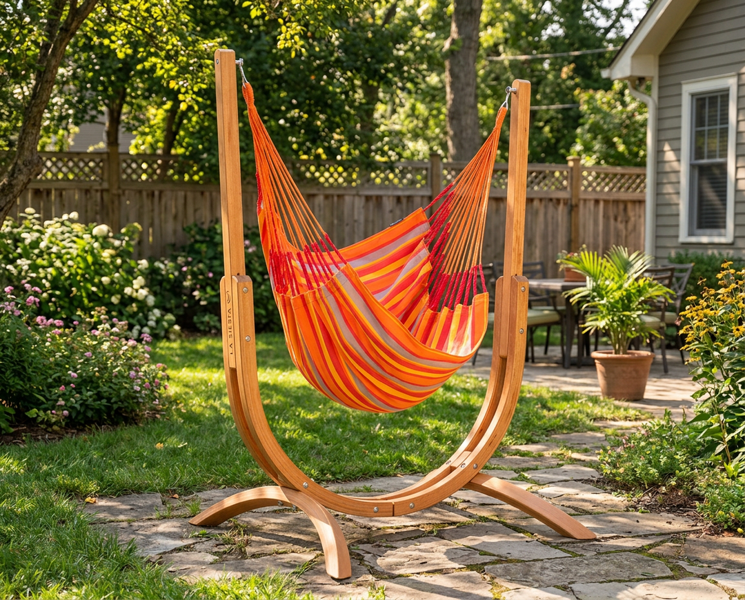 LA SIESTA Cumbia Outdoor Toucan hammock chair on a wooden stand in a garden (stand sold separately)