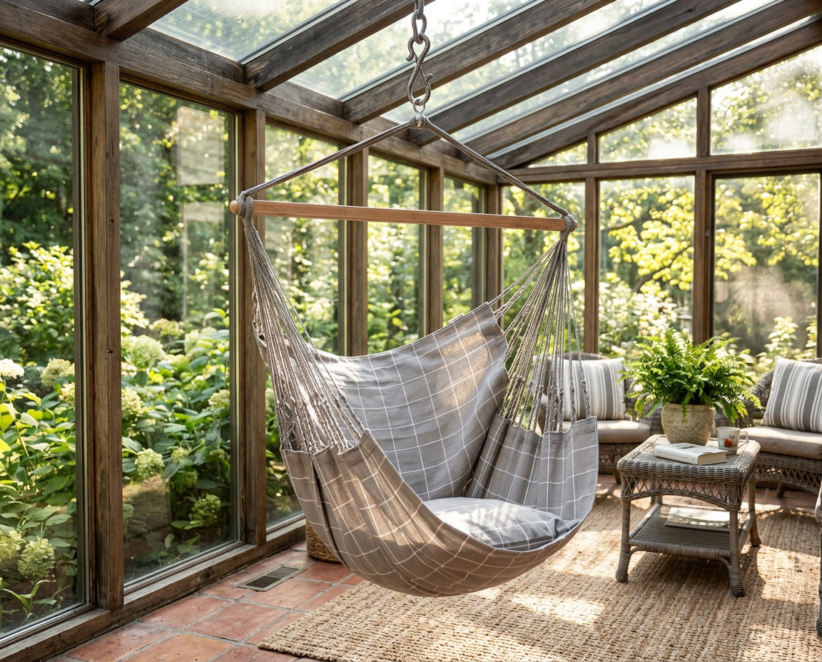 LA SIESTA Domingo Almond king size hammock chair hanging in a glass-roofed sunroom