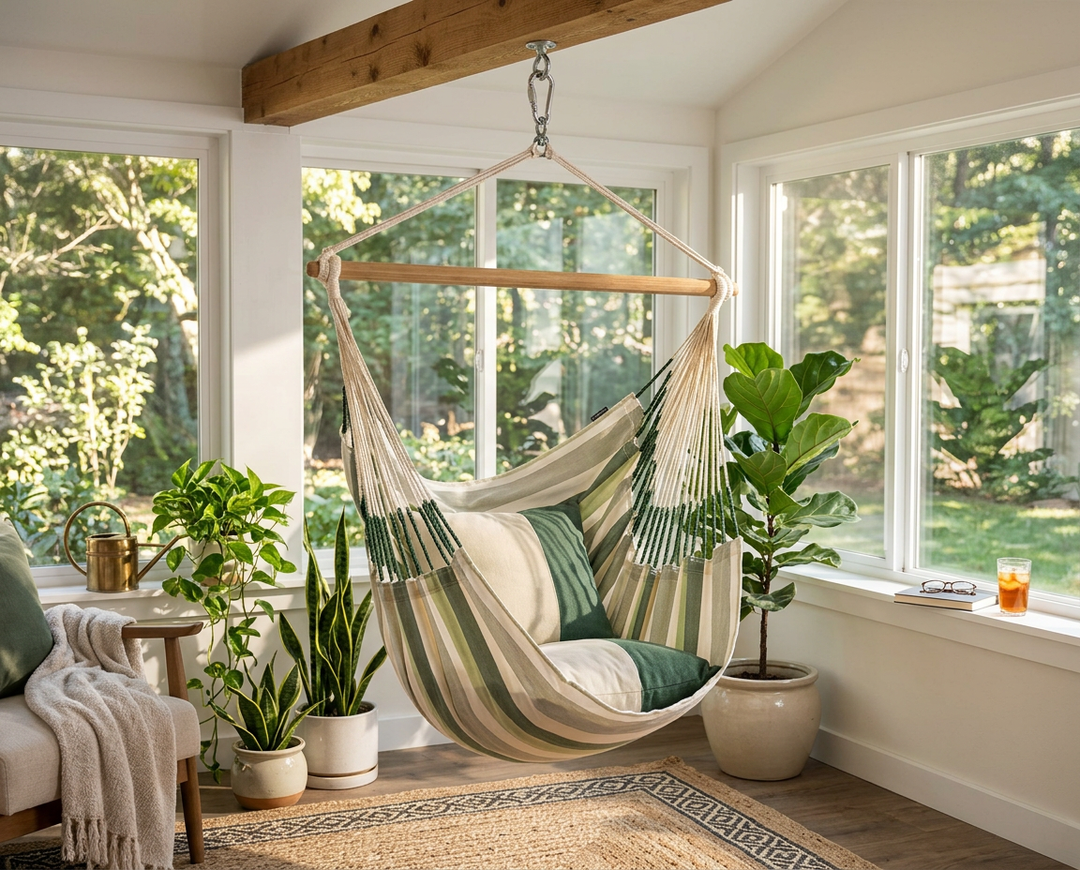 LA SIESTA Domingo Cedar hammock chair hanging in a bright sunroom with plants