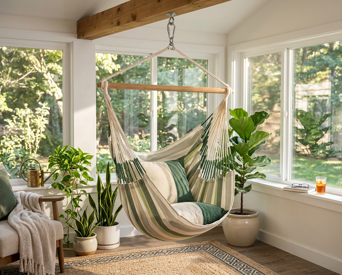 LA SIESTA Domingo Cedar hammock chair hanging in a bright sunroom with plants