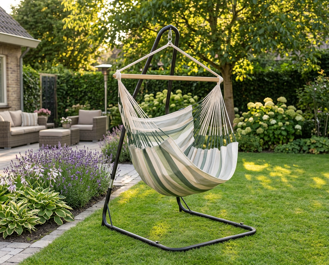 LA SIESTA Domingo Cedar king size hammock chair on a black chair stand in a garden (stand sold separately)