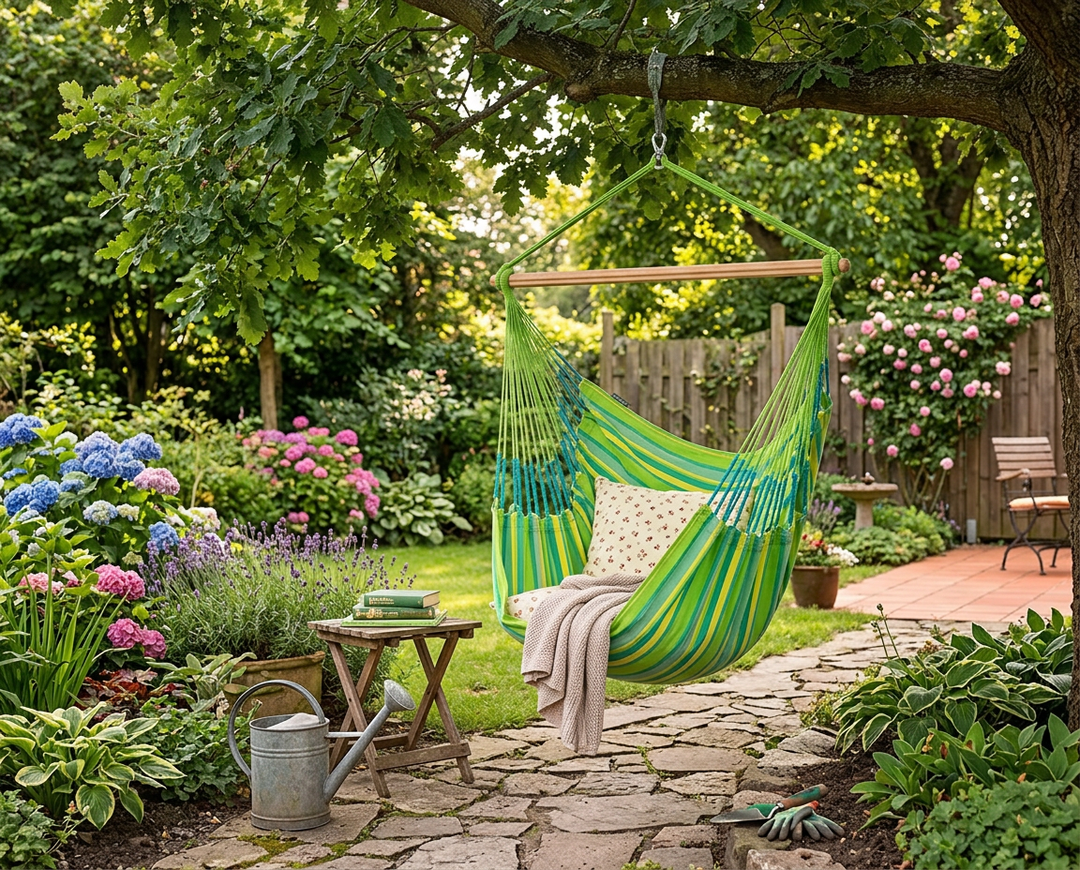LA SIESTA Domingo Lime king size hammock chair hanging from a tree above a garden path