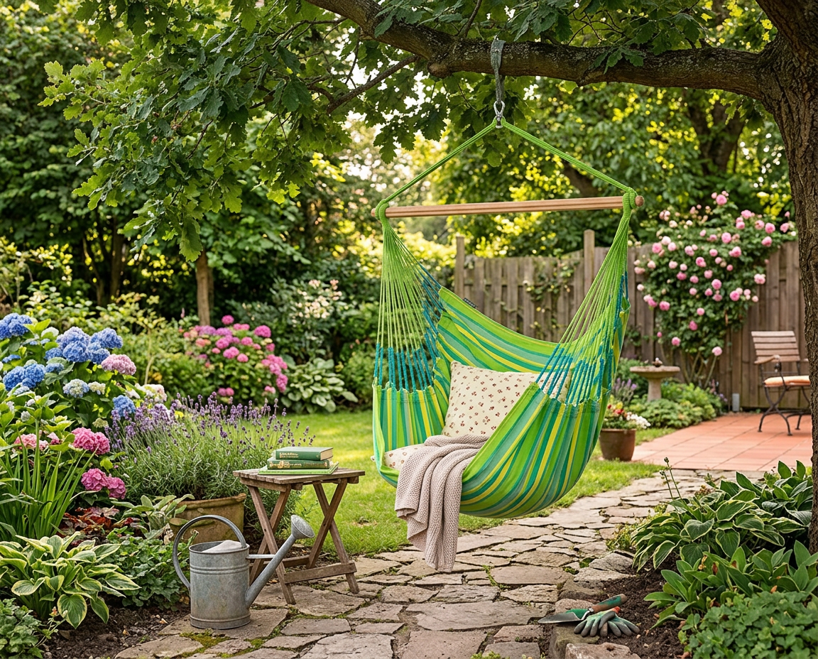 LA SIESTA Domingo Lime king size hammock chair hanging from a tree above a garden path