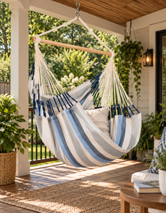 LA SIESTA Domingo Sea Salt hammock chair hanging on a covered porch