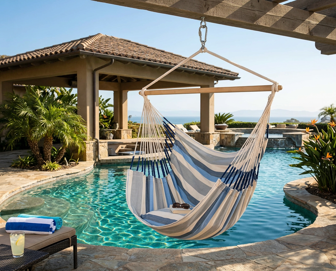 LA SIESTA Domingo Sea Salt king size hammock chair hanging beside a pool under a pergola