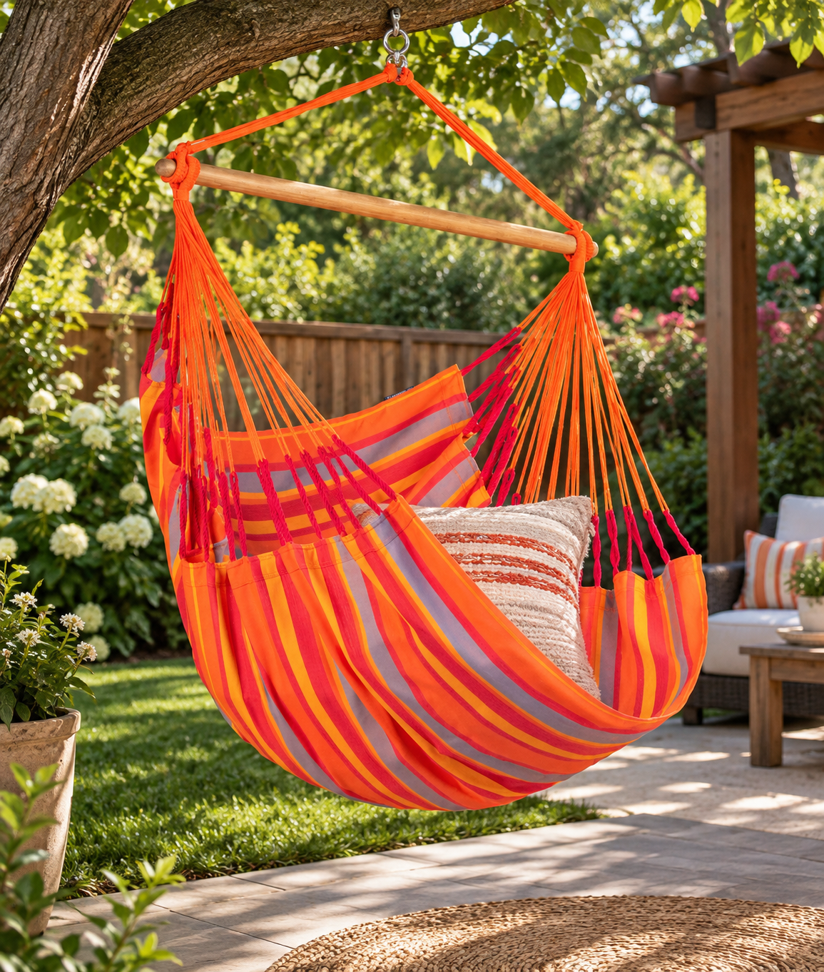 LA SIESTA Domingo Toucan hammock chair hanging from a tree in a garden