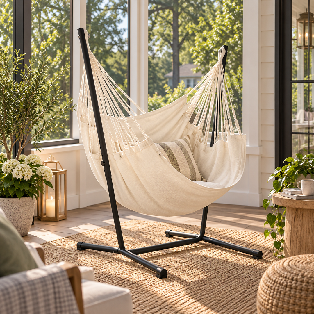 LA SIESTA Fiji Organic Latte hammock chair on a black Fiji stand in a bright sunroom