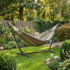 LA SIESTA Flora Chocolate kingsize hammock on a black steel stand in a garden (stand sold separately)