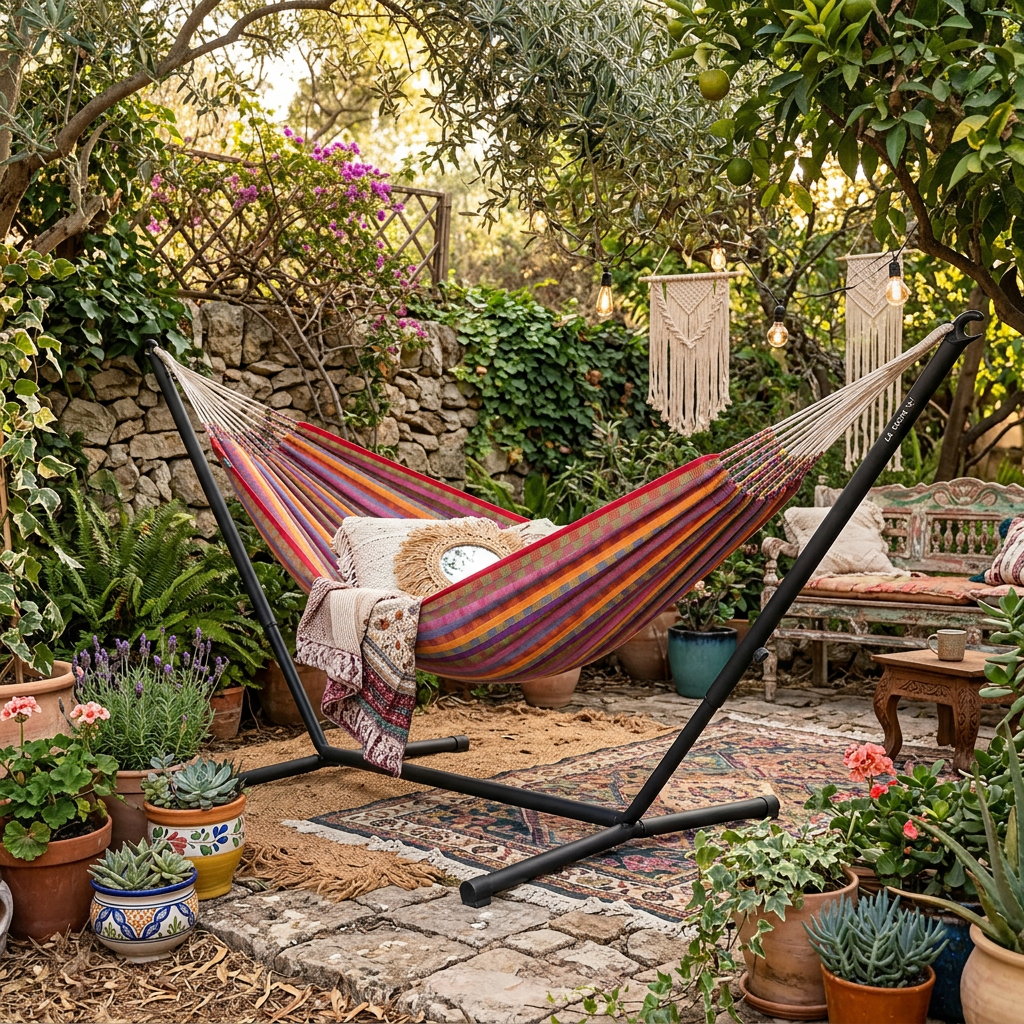LA SIESTA Flora Flowers kingsize hammock on a black Nautico stand on a garden patio