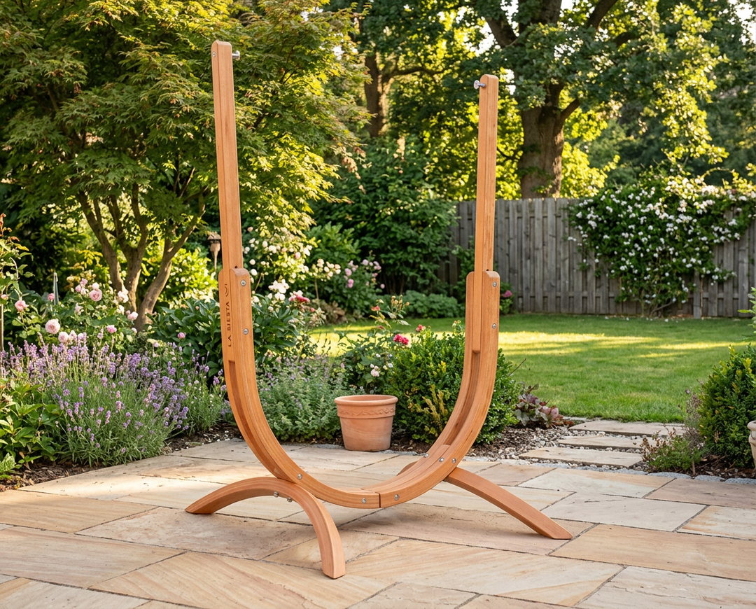 LA SIESTA Udine FSC-certified eucalyptus hammock chair stand on a garden patio