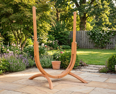 LA SIESTA Udine FSC-certified eucalyptus hammock chair stand on a garden patio