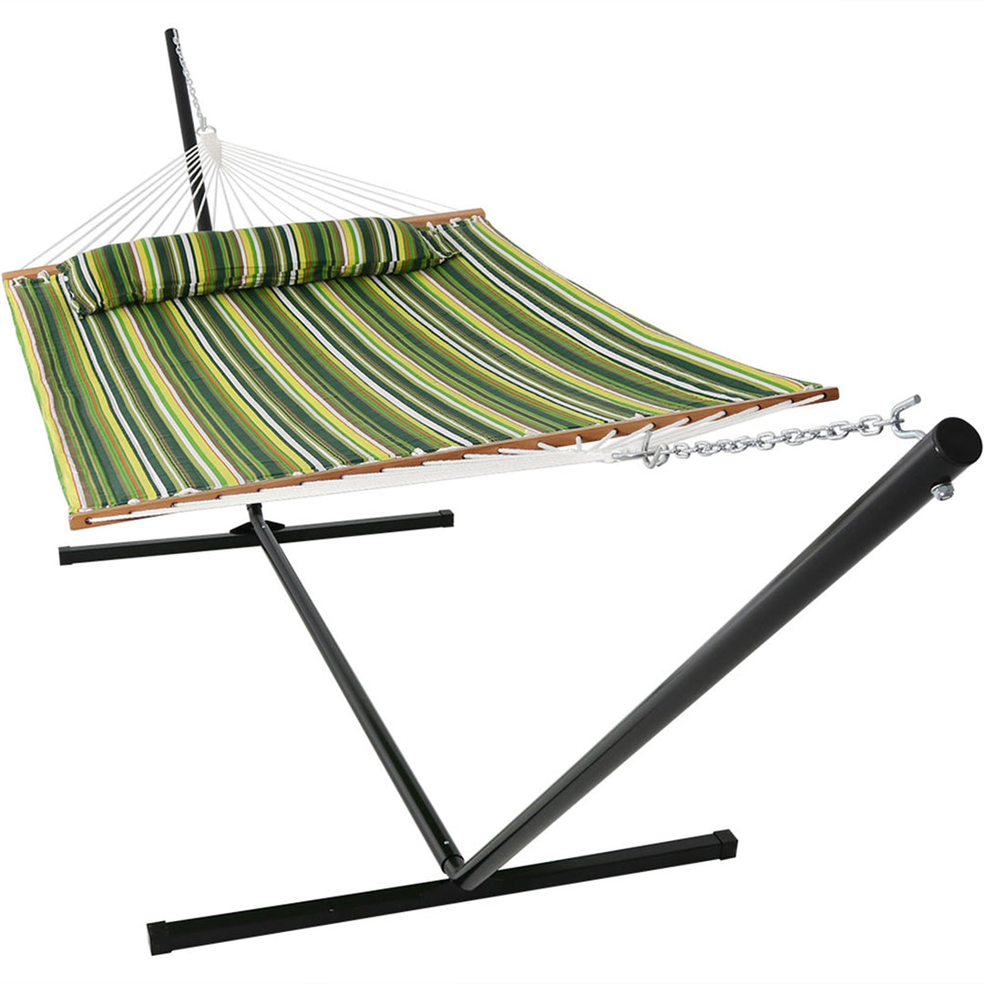 Sunnydaze Quilted Spreader Bar Hammock with Steel Stand, 2-Person, 350 lb Capacity