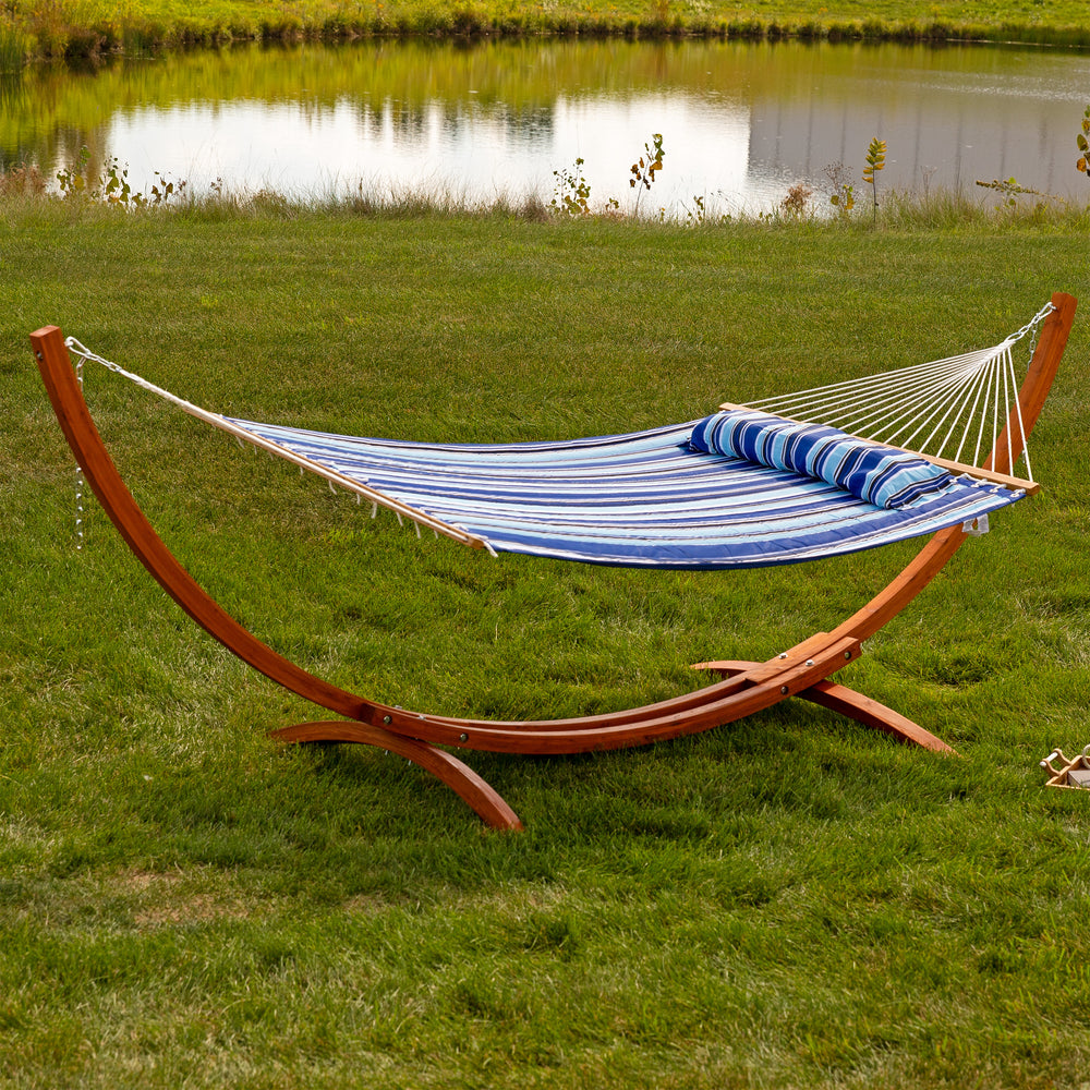Double Quilted Hammock Wooden Stand Catalina Beach lifestyle