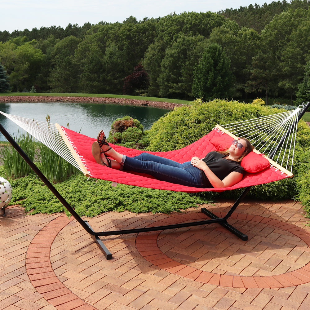 Quilted Fabric 2-Person Hammock with Pillow and Stand Red dimensions