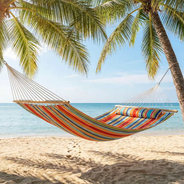 Sunnydaze Quilted Double Spreader Bar Hammock with Pillow, Polyester, 450 lb Capacity
