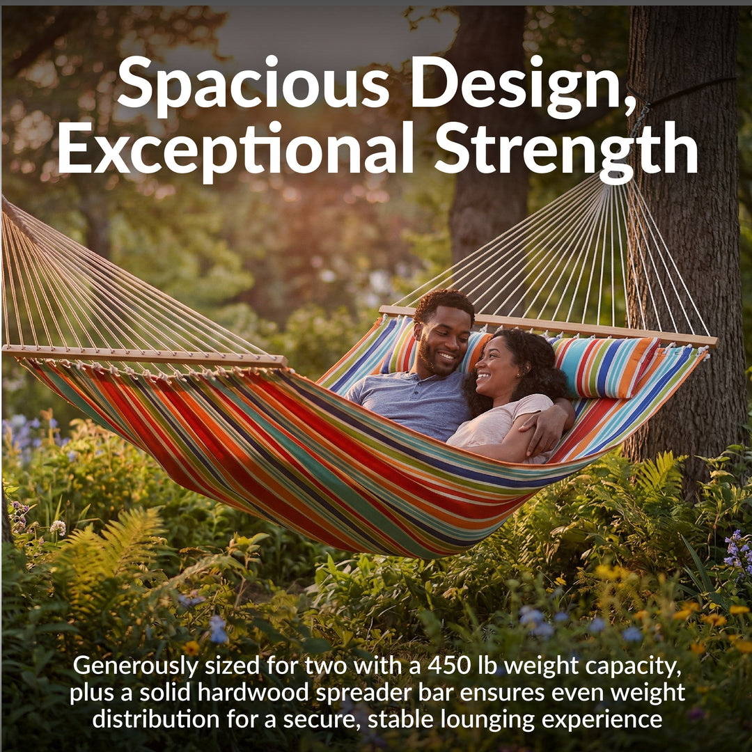 Sunnydaze Quilted Double Spreader Bar Hammock with Pillow, Polyester, 450 lb Capacity