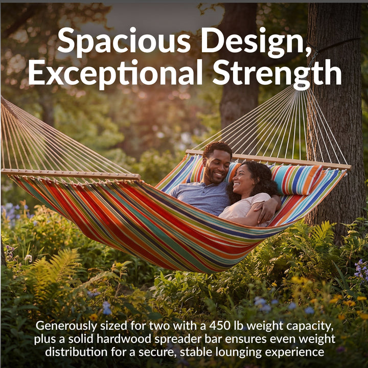 Sunnydaze Quilted Double Spreader Bar Hammock with Pillow, Polyester, 450 lb Capacity