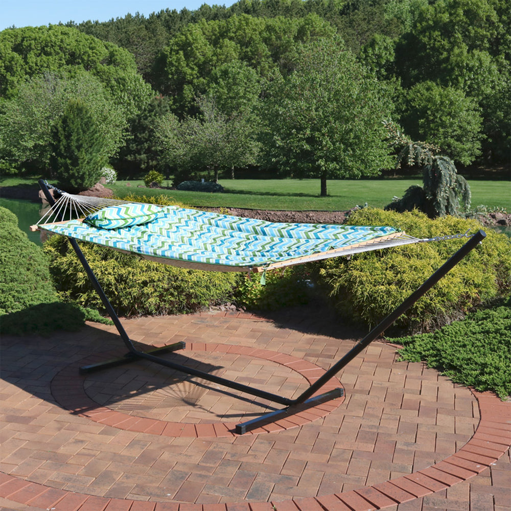 Rope Hammock 12ft Steel Stand Pad Pillow Blue Green Chevron dimensions