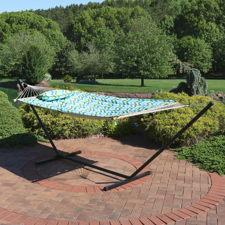 Rope Hammock 12ft Steel Stand Pad Pillow Blue Green Chevron dimensions