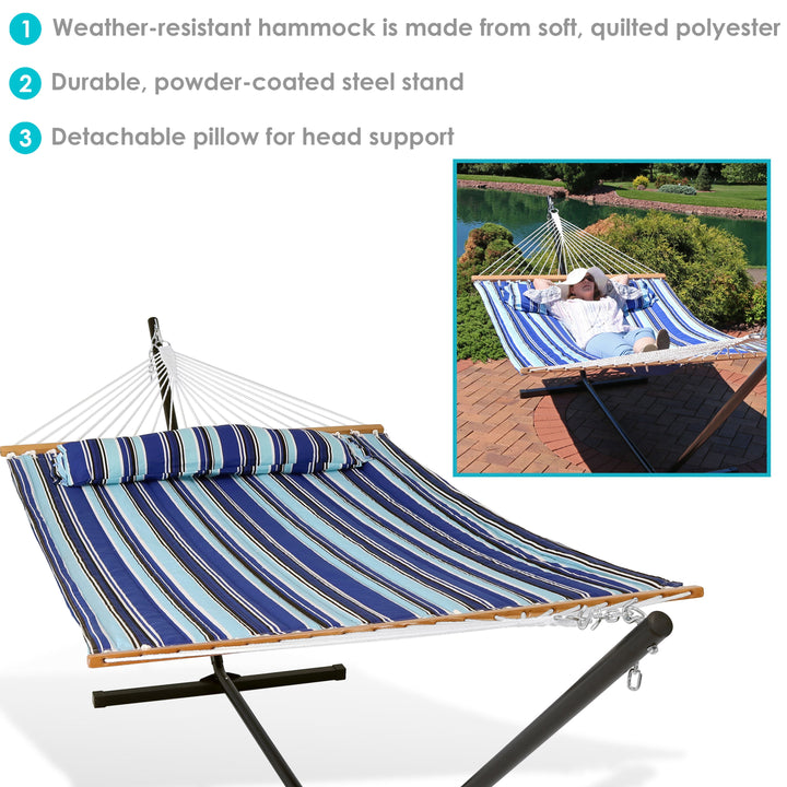 Sunnydaze Quilted Spreader Bar Hammock with Steel Stand, 2-Person, 350 lb Capacity