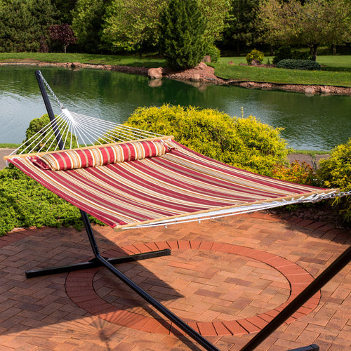 Sunnydaze Quilted Fabric Hammock Red Stripe lifestyle