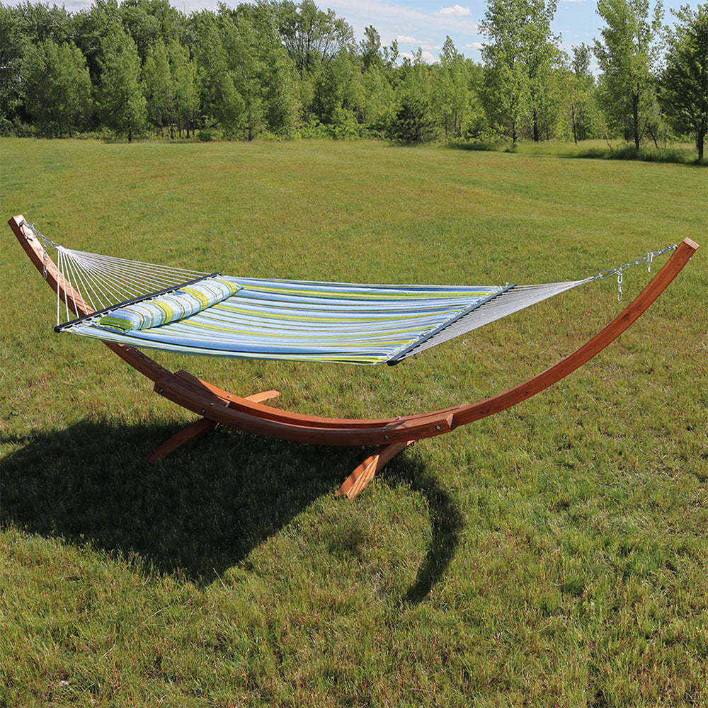 Double Quilted Hammock Wooden Stand Blue Green Stripe detail