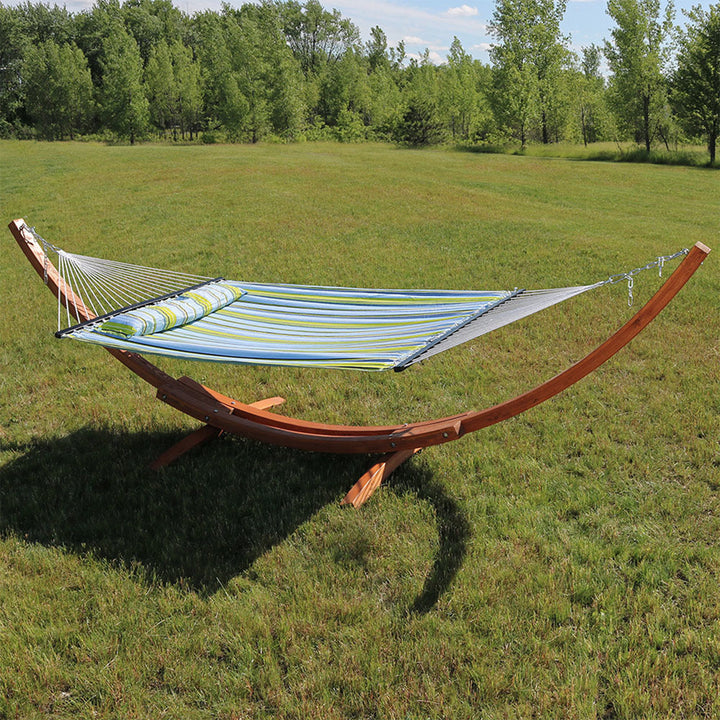 Double Quilted Hammock Wooden Stand Blue Green Stripe detail