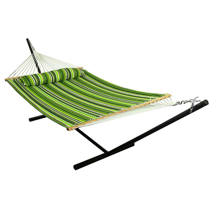 Sunnydaze Quilted Spreader Bar Hammock with Steel Stand, 2-Person, 350 lb Capacity