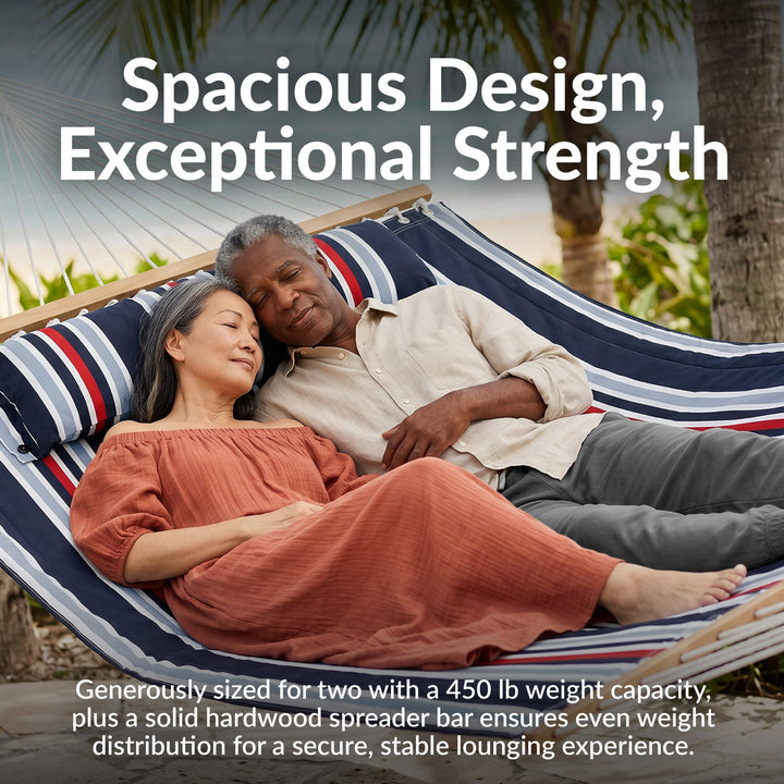 Sunnydaze Quilted Spreader Bar Hammock with Steel Stand, 2-Person, 350 lb Capacity