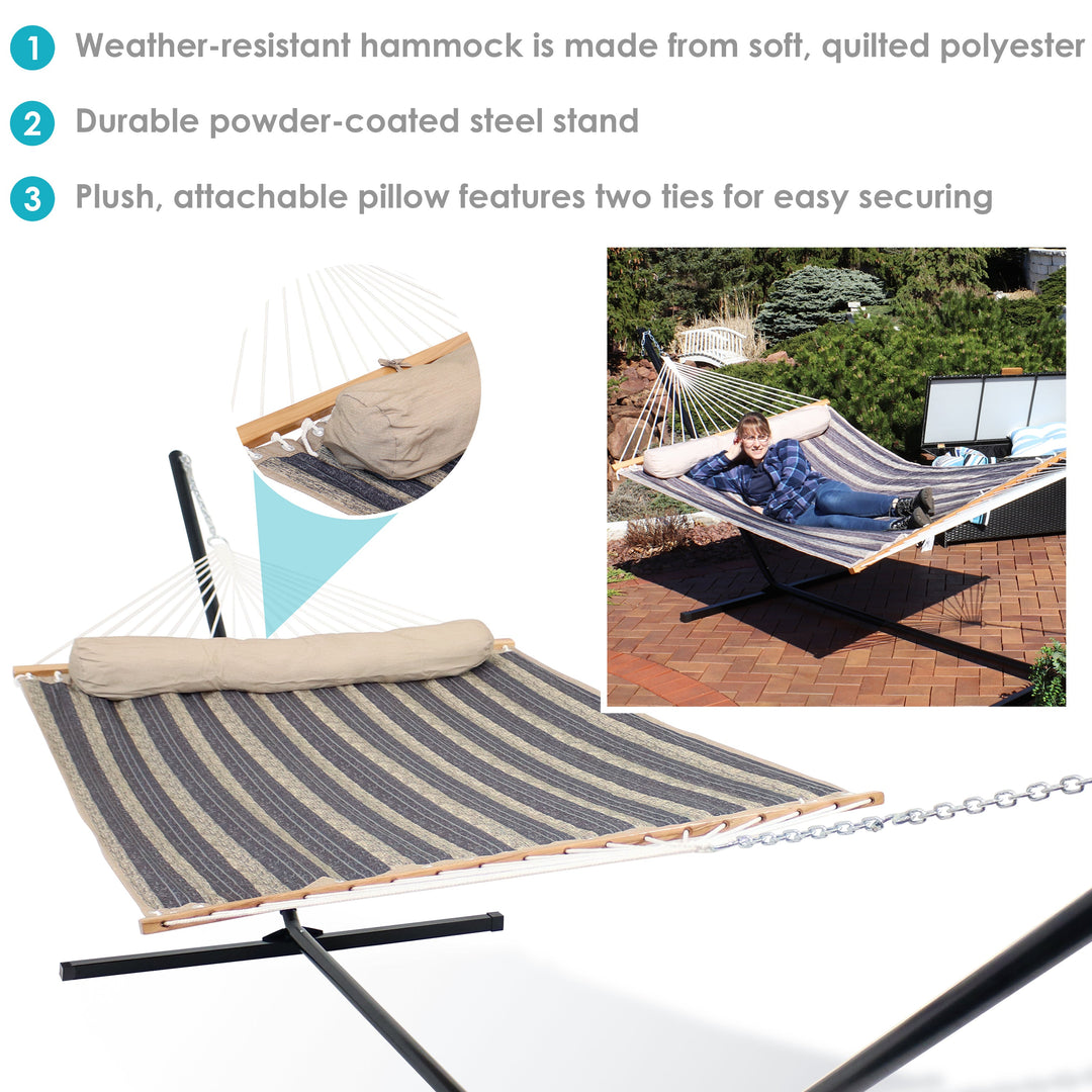 Sunnydaze Quilted Spreader Bar Hammock with Steel Stand, 2-Person, 350 lb Capacity