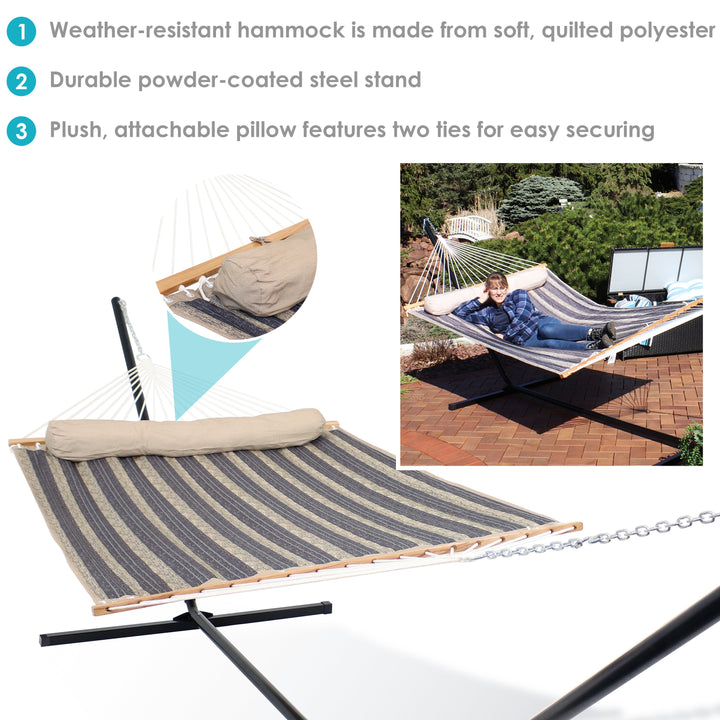 Sunnydaze Quilted Spreader Bar Hammock with Steel Stand, 2-Person, 350 lb Capacity