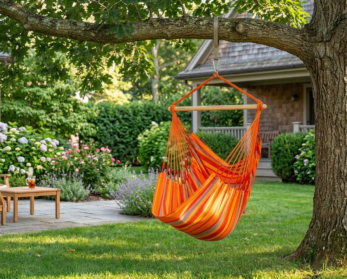 Orange LA SIESTA Domingo Toucan hammock chair hanging from a tree in a backyard