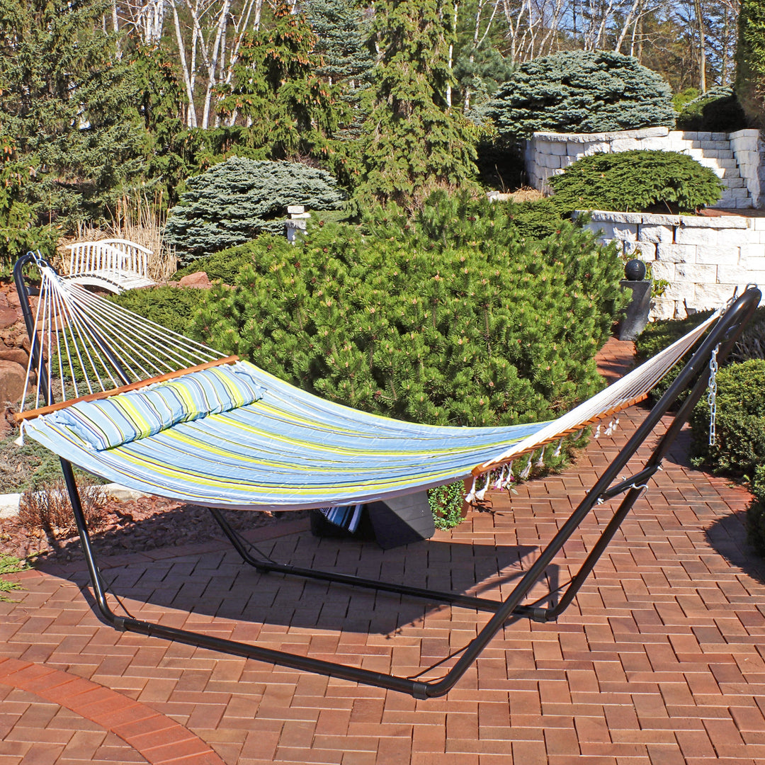 Sunnydaze Quilted Double Spreader Bar Hammock with Pillow, Polyester, 450 lb Capacity