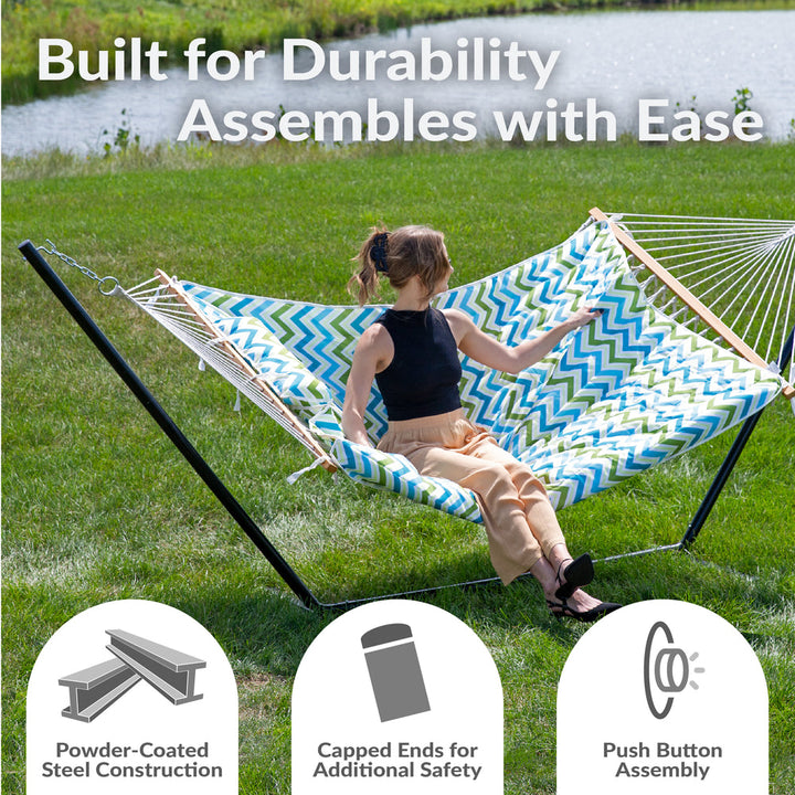 Rope Hammock 12ft Steel Stand Pad Pillow Blue Green Chevron detail