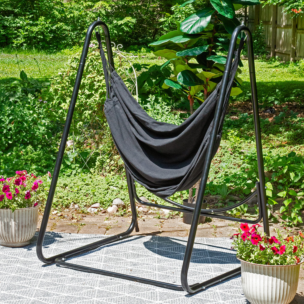 Patio Hammock Chair with Steel A-Frame Stand Black lifestyle
