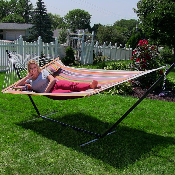Sunnydaze Quilted Spreader Bar Hammock with Steel Stand, 2-Person, 350 lb Capacity