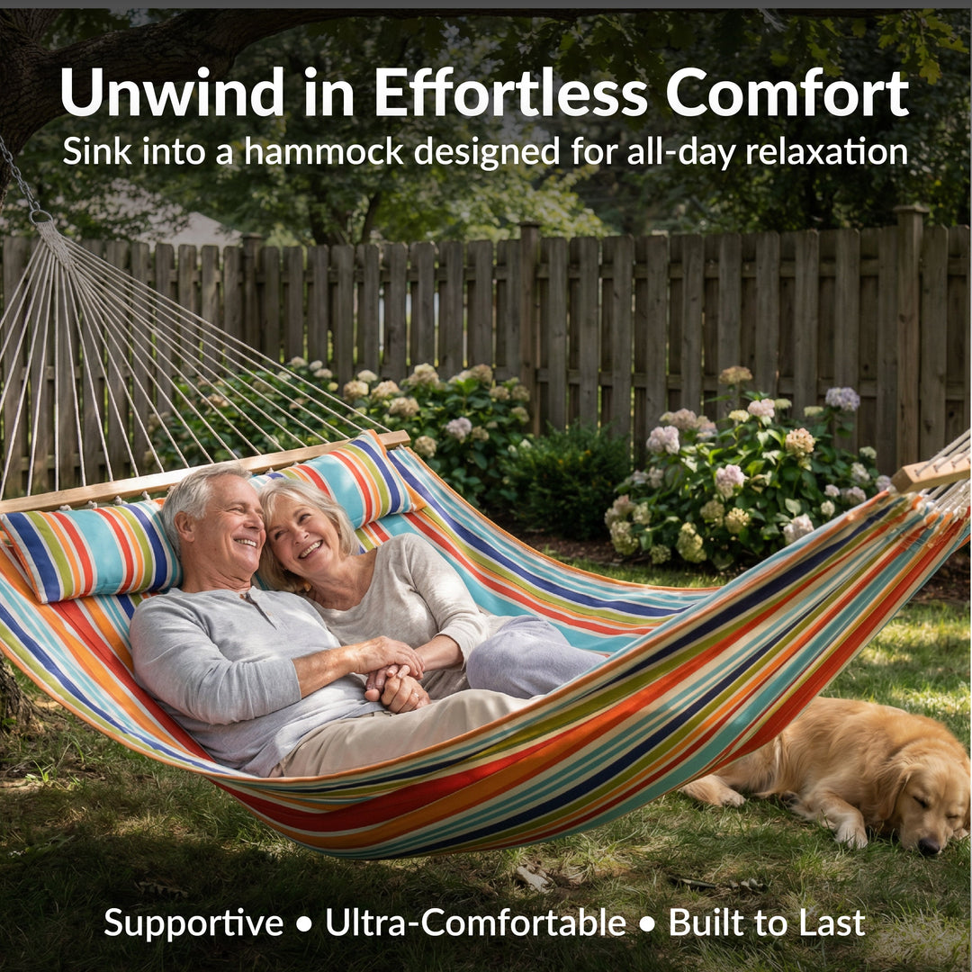 Sunnydaze Quilted Double Spreader Bar Hammock with Pillow, Polyester, 450 lb Capacity