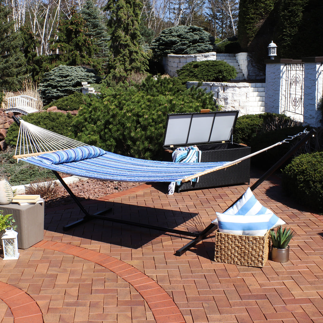 Sunnydaze Quilted Spreader Bar Hammock with Steel Stand, 2-Person, 350 lb Capacity
